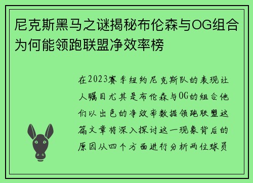 尼克斯黑马之谜揭秘布伦森与OG组合为何能领跑联盟净效率榜